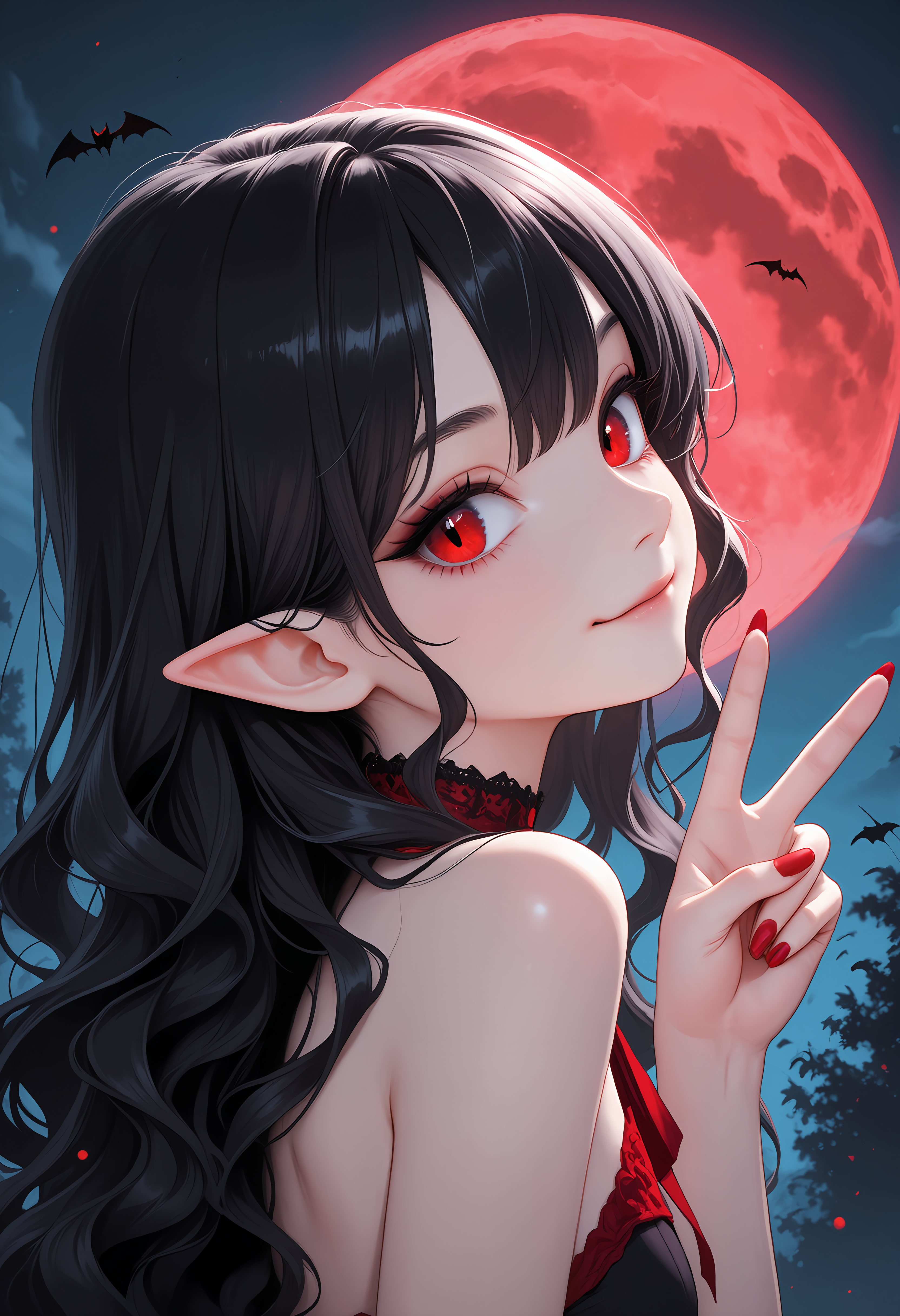 incredibly absurdres, highres, masterpiece, newest, 1girl, from side, close up, looking at viewer, vampire, black hair, wavy hair, light smile, v, red nails, pointy ears, outdoors, giant moon