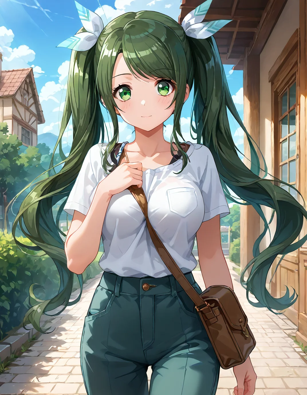 score_9, score_8_up, score_7_up, source_anime, <lora:add-detail-xl:1>, good anatomy, masterpiece, amazing quality, ultra detailed, good hand
BREAK 1girl, casual, walking, <lora:pai-sura:0.6> pai-sura, breasts emphasis, slant bag, bag strap passing between breasts,
BREAK <lora:Shimizu_Esora:0.9> esora, green eyes, green hair, twintails, large breasts,