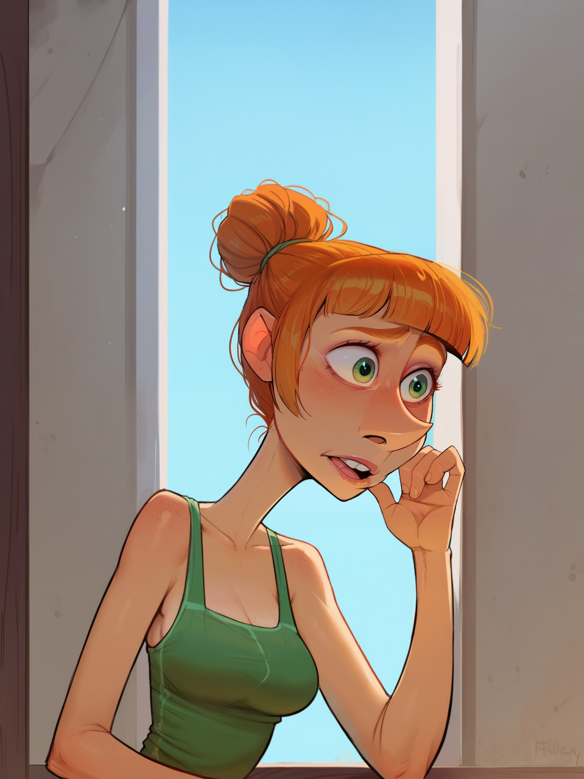 <lora:Lucy:0.4> lu_sy, 1girl, green eyes, bright red hair, bun hair, bangs, fair skin, curved big nose, thin body,
 <lora:IncaseLycoXL:0.9> breasts, uncensored, score_9, score_8_up, score_7_up,