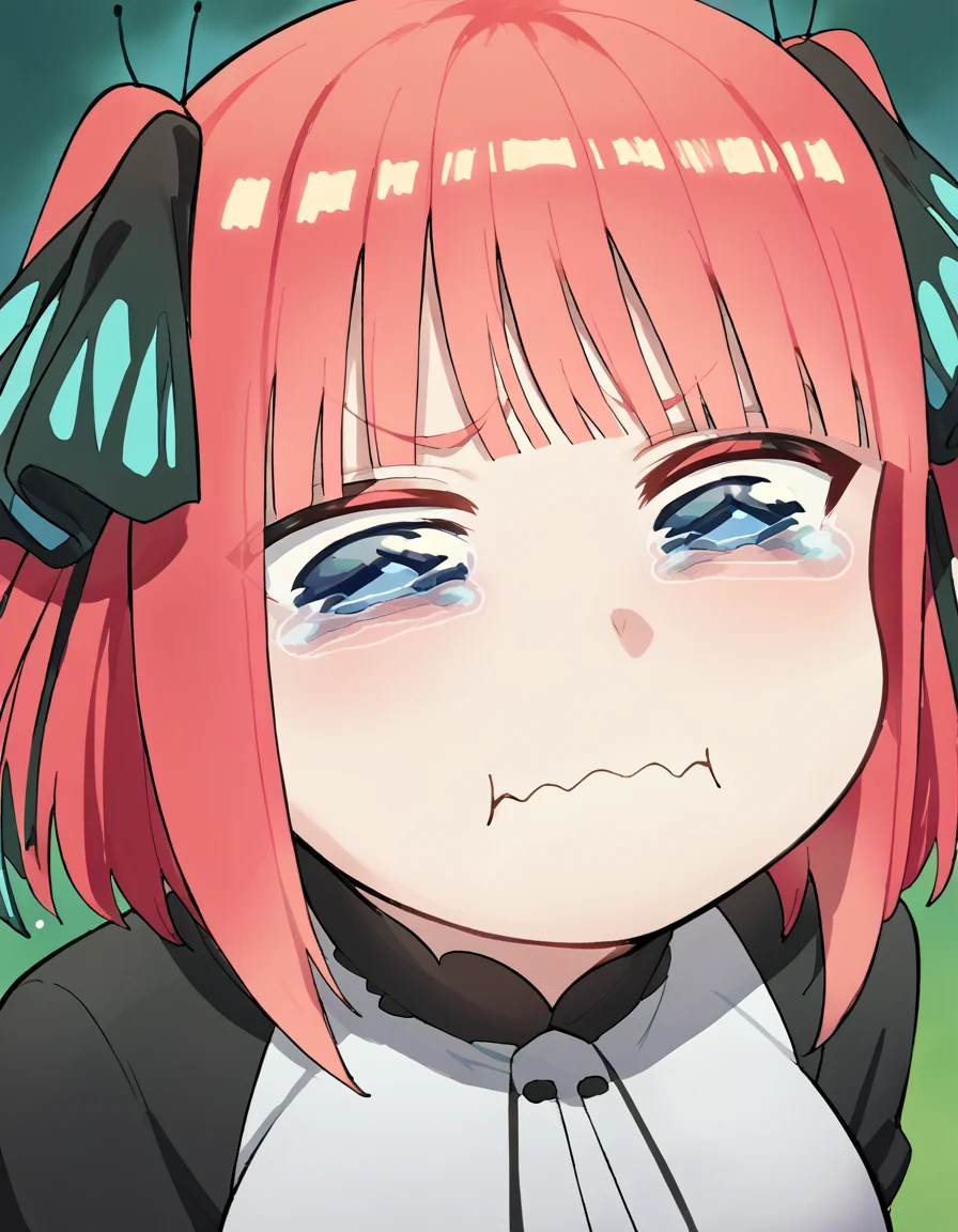 score_9, score_8_up, score_7_up, source_anime, <lora:nnakano-s2-ponyxl-lora-nochekaiser:1>, short hair, bangs, blue eyes, hair ornament, hair ribbon, pink hair, blunt bangs, two side up, butterfly hair ornament, large breasts,, <lora:aqua-about-to-cry-ponyxl-lora-nochekaiser:1> crying aqua, crying aqua (meme), crying, tearing up, tears, wavy mouth,, ,