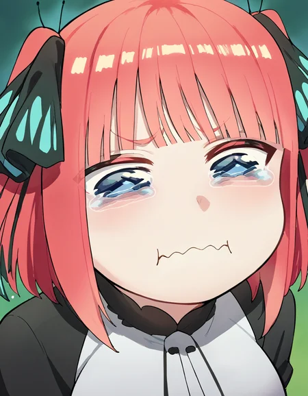 score_9, score_8_up, score_7_up, source_anime, <lora:nnakano-s2-ponyxl-lora-nochekaiser:1>, short hair, bangs, blue eyes, hair ornament, hair ribbon, pink hair, blunt bangs, two side up, butterfly hair ornament, large breasts,, <lora:aqua-about-to-cry-ponyxl-lora-nochekaiser:1> crying aqua, crying aqua (meme), crying, tearing up, tears, wavy mouth,, ,