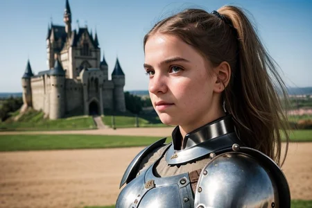 an up angle photo portrait of a girl, (medieval armor), metal reflections, outdoors, contrasting side sunlight, far away castle, eye contact, bokeh, blurry background, crest on chest