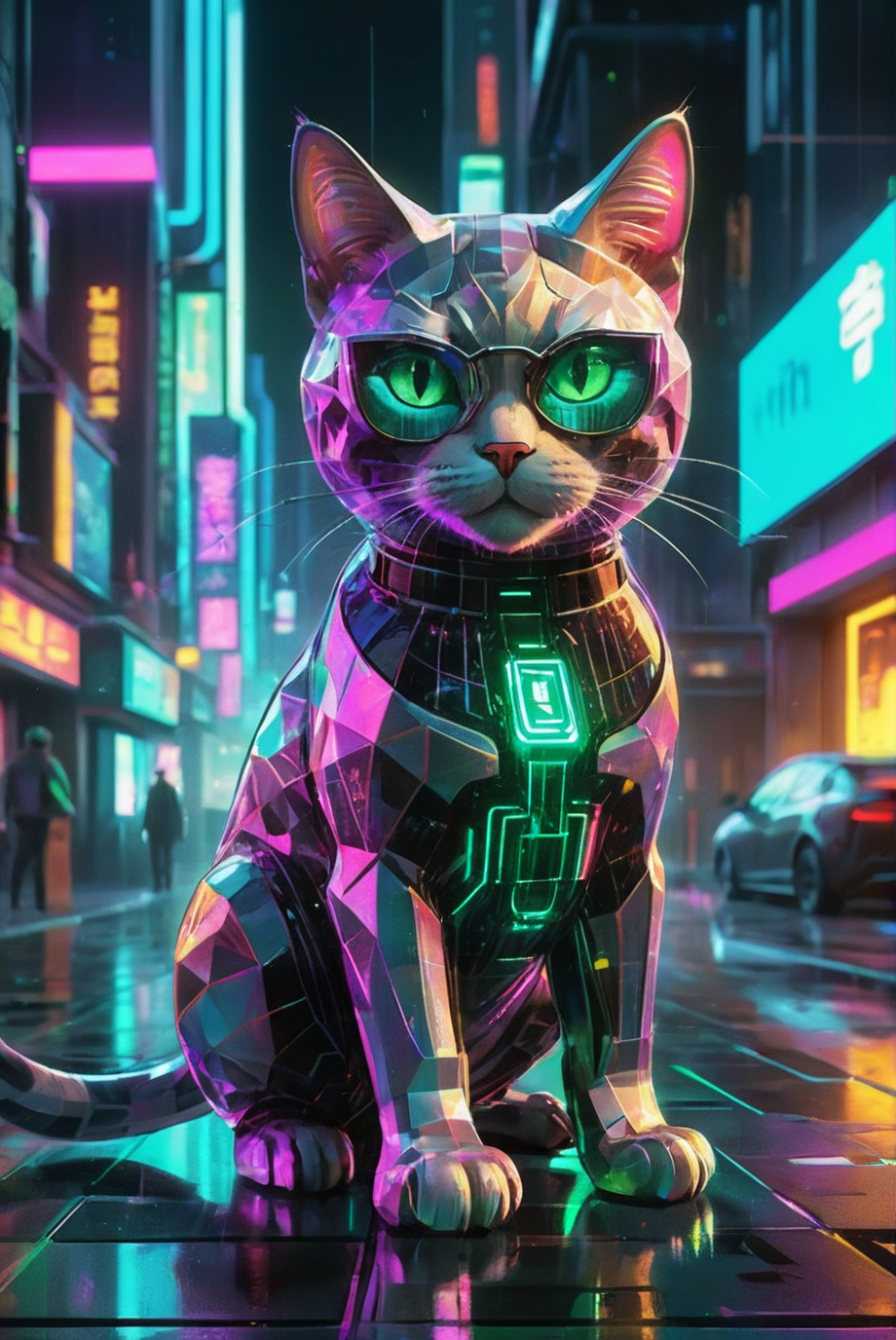 A hyper-detailed, photorealistic, transparent digital holographic cat rendered in a cubist style is set against a cyberpunk city skyline. The scene blends surreal and science fiction elements, with neon colors illuminating the futuristic buildings in the background. The cat's transparent holographic form is made up of geometric shapes and sharp angles, glowing with vibrant hues of electric blue, neon pink, and green. The cyberpunk cityscape features towering skyscrapers, flying vehicles, and holographic advertisements, all bathed in dynamic lighting and sharp contrasts. Rain-soaked streets and digital noise enhance the dramatic atmosphere, creating a visually striking and surreal science fiction world.
<lora:ral-hlgrphic-sdxl:0.85> ral-hlgrphic,
<lora:add-detail-xl:1.0>,
<lora:EldritchMixIllustration_1.1:0.35>,
<lora:20240614-1718326897684:0.6>,