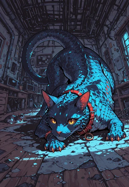 score_9, score_8_up, score_7_up, masterpiece, best quality, very aesthetic, (dynamic:1.1), thick linework, covered in scales, scales, (cat:1.1), livingroom, sunny, warm, collar,