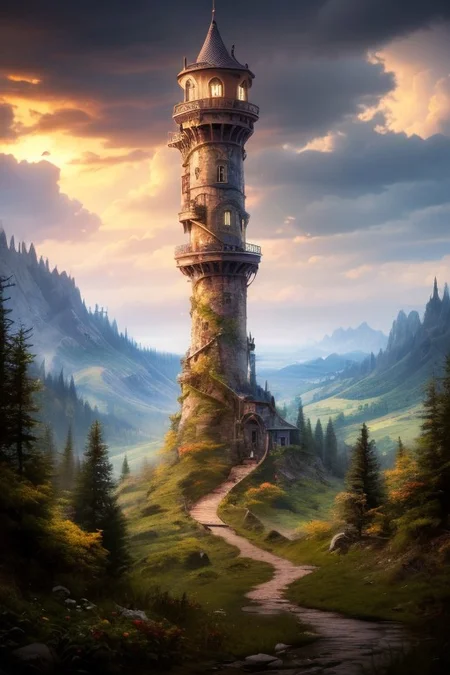 realistic analog photo, award winning photo, vary wide shot of magic stone witow tower:1.3, (Military watchtower), scenery, fantasy, hills, dirt road, nature, outdoors, RAW, highres, 8k, uhd, High Dynamic Range, tonemapping, crisp details,