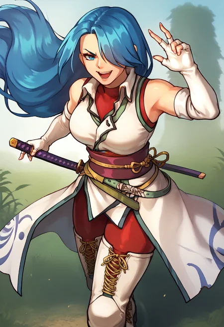 score_9, score_7_up, 1girl, open mouth, smile, v-shaped eyebrows, katana, fighting stance, BREAK <lora:LuciaFE-pdxl:1> defLucia, long hair, hair over one eye, white jacket, sleeveless, white elbow gloves, fingerless gloves, red sash, belt, red pants, thigh boots, cross-laced footwear, outdoors
