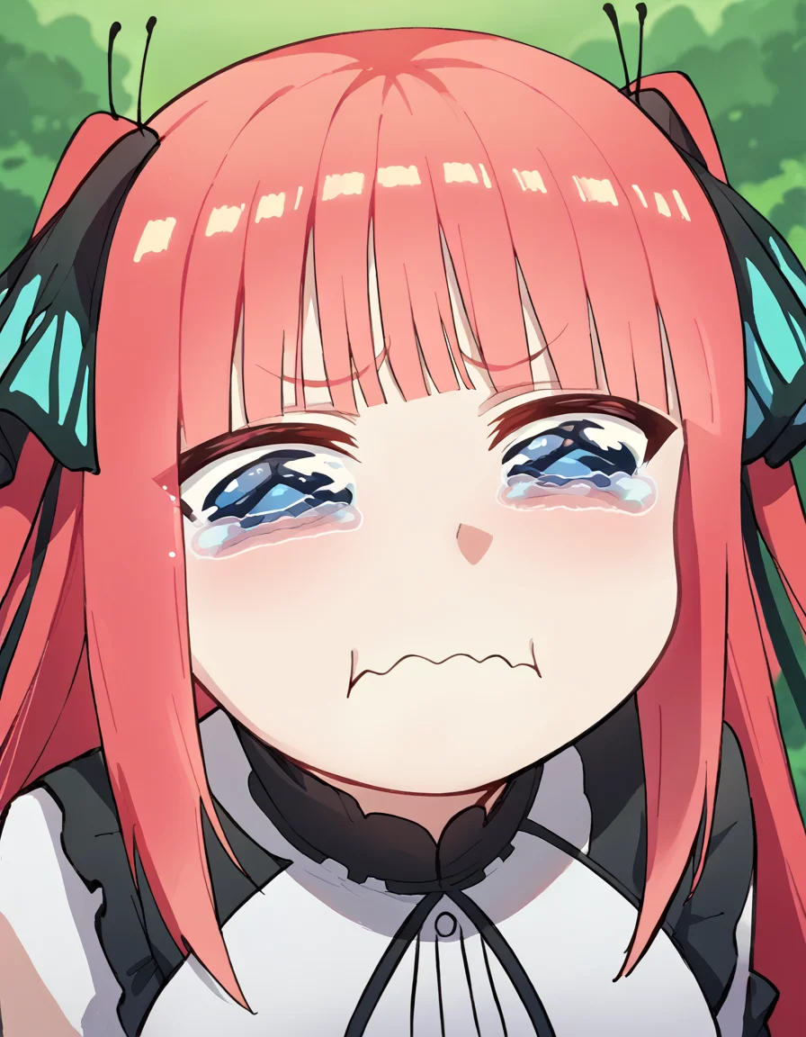 score_9, score_8_up, score_7_up, source_anime, <lora:nnakano-s2-ponyxl-lora-nochekaiser:1>, long hair, bangs, blue eyes, hair ornament, hair ribbon, pink hair, blunt bangs, two side up, butterfly hair ornament, large breasts,, <lora:aqua-about-to-cry-ponyxl-lora-nochekaiser:1> crying aqua, crying aqua (meme), crying, tearing up, tears, wavy mouth,, ,