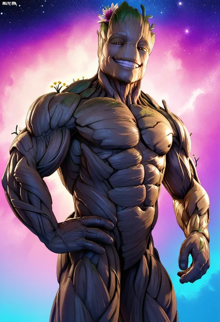 score_9, score_8_up, score_7_up, male, solo, Groot3, muscular, flora fauna, made of wood, huge muscles, bulky, pecs, alien, (noseless:1.1), amber eyes, smile, eyelids, half-closed eyes, grin, smug, flirty, seductive, expressive, looming, side view, (hip focus, cocked hip:1.1), flexing bicep, hand on hip, perfect hands, masculine, handsome, young, null, flower, sparkl, looking at viewer, head tilt, starry sky, (realistic, 3d:1.2), backlighting, sci-fi, shading, psychedelic background, rainbow colors, masterpiece, extreme detail, low-angle view, zPDXL3, zPDXLrl, zPDXLpg