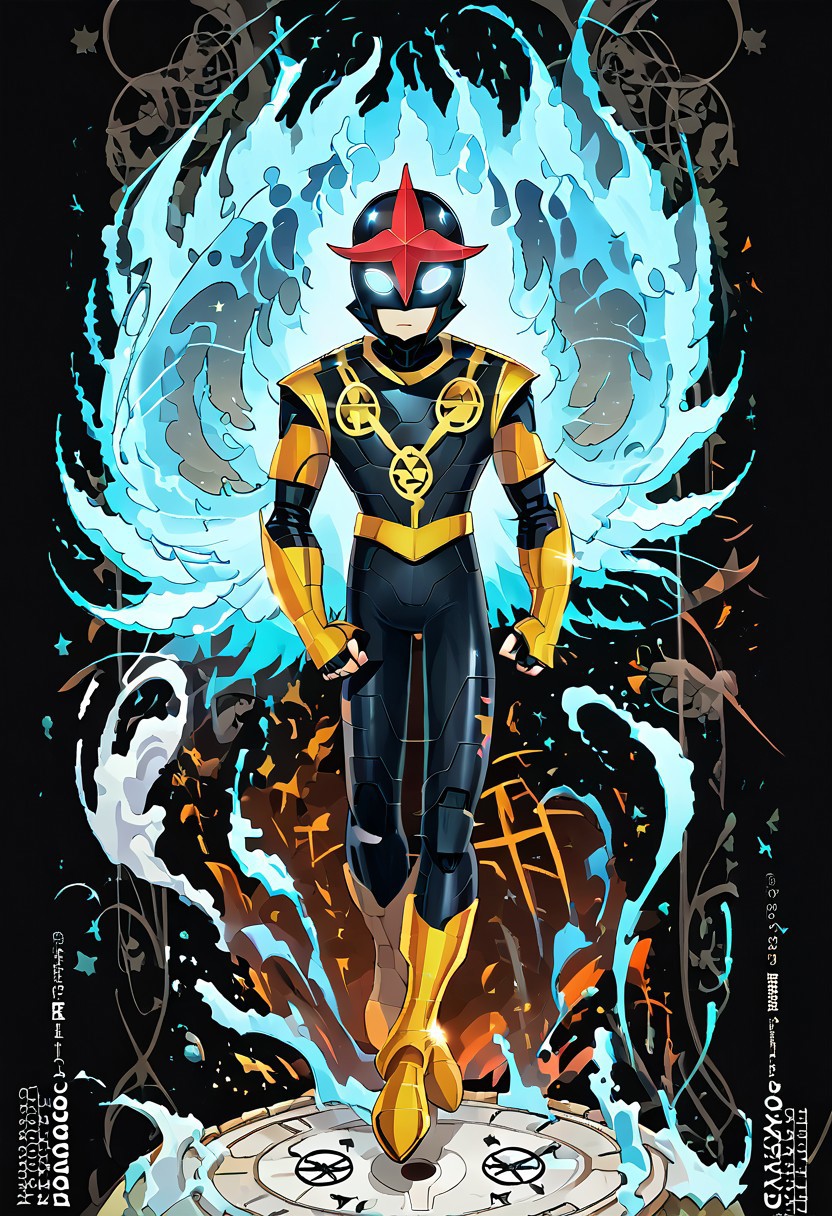 score_9, score_8_up, score_7_up, dynamic pose, full body shot, full body, source_anime, masterpiece, best quality, 1boy, Nova, Helmet, Glowing Eyes, No Pupils, Black Bodysuit, Gold Pauldrons, Gold Bracers, Gold Belt, Gold Boots . easynegative, ng_deepnegative_v1_75t, negative_hand, verybadimagenegative_v1.3, dark, chiaroscuro, low-key, pam-flwr, dark, chiaroscuro, low-key,  easynegative, Expressiveh, thick outline, white outline