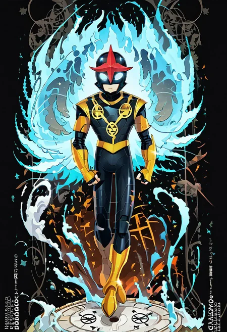 score_9, score_8_up, score_7_up, dynamic pose, full body shot, full body, source_anime, masterpiece, best quality, 1boy, Nova, Helmet, Glowing Eyes, No Pupils, Black Bodysuit, Gold Pauldrons, Gold Bracers, Gold Belt, Gold Boots . easynegative, ng_deepnegative_v1_75t, negative_hand, verybadimagenegative_v1.3, dark, chiaroscuro, low-key, pam-flwr, dark, chiaroscuro, low-key, easynegative, Expressiveh, thick outline, white outline
