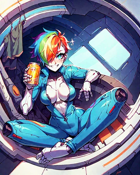 source_anime, robot skin, score_9, score_8, score_7, score_6, robot girl, android, rainbow hair, pixie cut, robot joints, freckles, android girl, joints, blushing, smiling, cute, attitude, vibrant, energetic, drunk, horny, petite,
masterpiece, 8k, highly detailed, dynamic, dynamic lighting, cinematic lighting, intricate, nsfw,
score_8_up, score_7_up, score_6_up, 1girl, young adult, big clear eyes, breasts, slim waist, whole body shot, in a spaceship cockpit, laying in a pilot chair, spaceship pilot, futuristic tight jumpsuit, unzipped jumpsuit, cleavage, beer can in hand, smiling, barefoot, futuristic spaceship cockpit, in space, zero g, nipslip,  floating, cybernetics, 
SimplePositiveXLv2,   <lora:RobotSkin_Pony_v1.05:1.2>