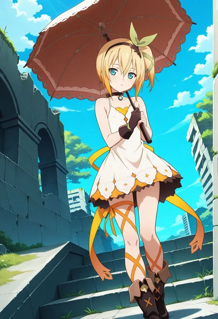 detailed eyes, beautiful, detailed background, perfect eyes,
source_anime, very aesthetic, anime coloring,
<lora:HandFineTuning_XL:1>
BREAK,
outdoor, ruins, trees. stairs,
cowboy shot, flat chest,
dynamic angle, full body,
BREAK,
<lora:edna_illustrious_v01:0.9>
ednabase, short hair, blonde hair, multicolored hair, orange hair, blue eyes, hair between eyes, bow hairband, hair bow, hair ribbon, side ponytail,
white dress, sleeveless dress, single glove,
boots, leg ribbon, umbrella,