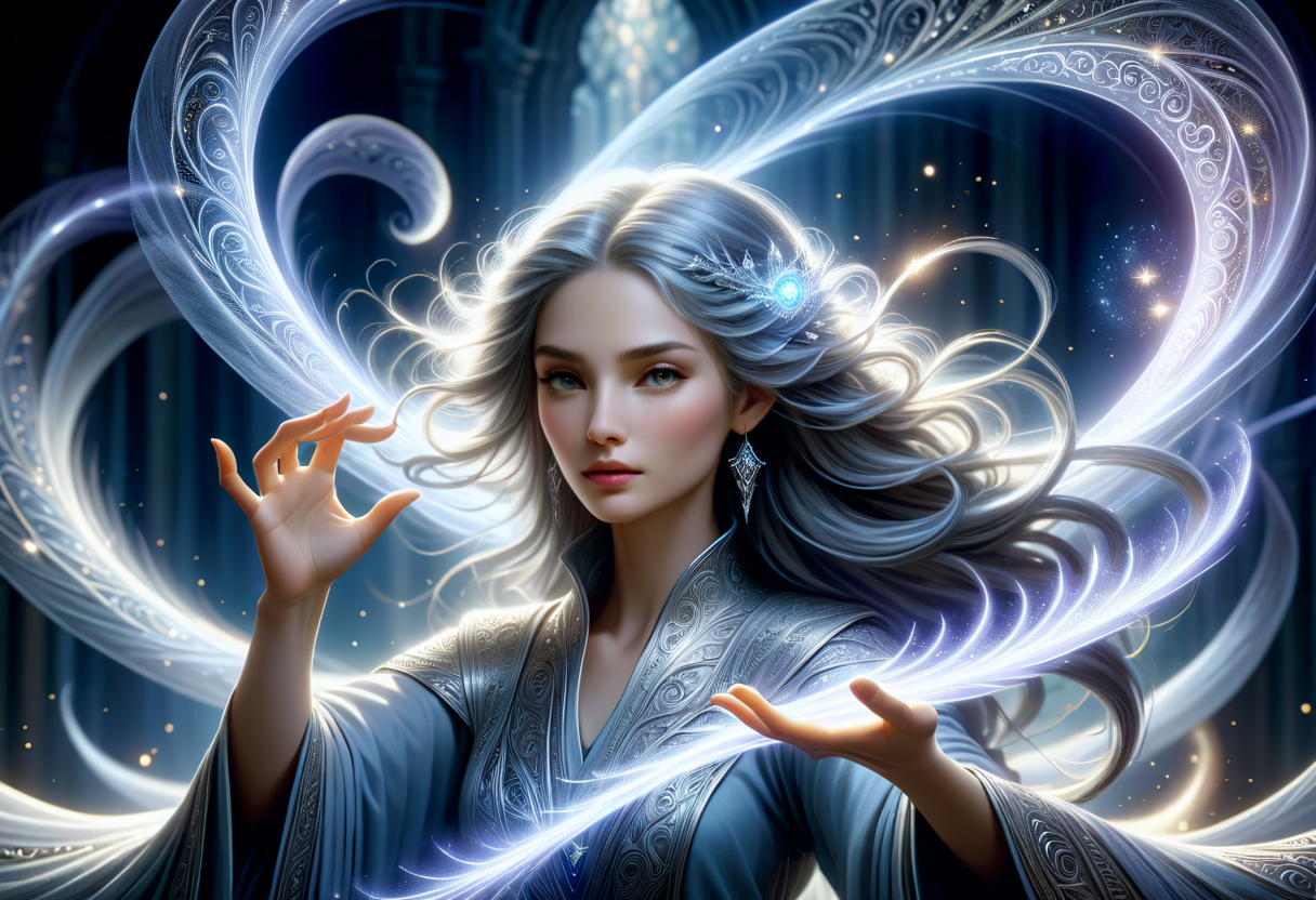 hyper detailed masterpiece, dynamic, awesome quality, female wizard   ethereal quality, manifesting in shimmering silvery light, weaves intricate patterns in the air, carries the elegance and ancient wisdom, resemble delicate filigree, flowing script in an ancient tongue, faint harmonious melody, distant chorus of ethereal voices, resonate with the natural world, blending the mystical with the beauty of the wild DonMM4g1cXL <lora:DonMM4g1cXL_v1.2:0.8> <lora:Perfect Hands v2:0.8> Perfect Hands