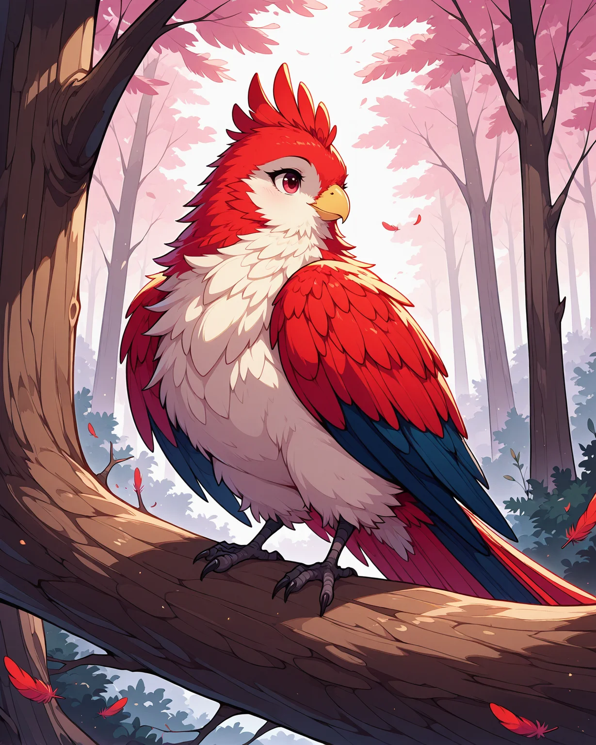masterpiece, best quality, 1girl, solo, megafeathery, feathers, feathery, bird anthro, avian, beak, chicken anthro, solo, female, outdoors, trees , <lora:Mega_Feathery_for_Illustrious_XL:1>