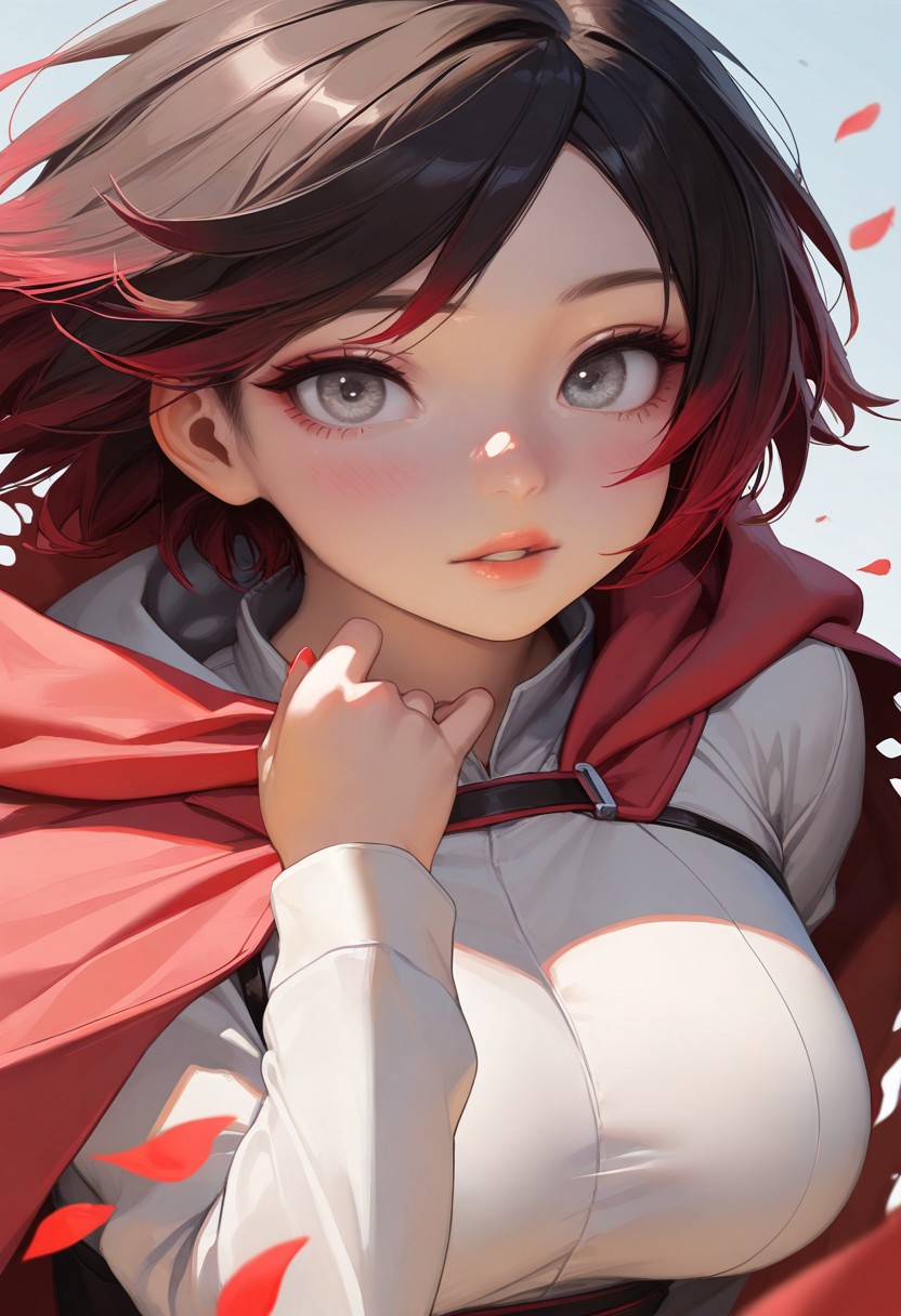 masterpiece, best quality, very aesthetic, high resolution, ultra-detailed, absurdres, newest, extremely detailed eyes, beautiful, perfect lighting, hi res, amazing quality, very awa, Brightly Lit, Highly Visible, 8k, sharp focus, beautiful, perfect lighting, volumetric lighting, scenery, painting_(artwork), Type_TRP, 1girl, ruby rose, black hair, grey eyes, short hair, looking at viewer, red cape, multicolored hair, red hair, torn clothes, upper body, red nails, nail polish, petals, gradient hair, long sleeves, two-tone hair, parted lips, torn cape, hooded cloak, realistic