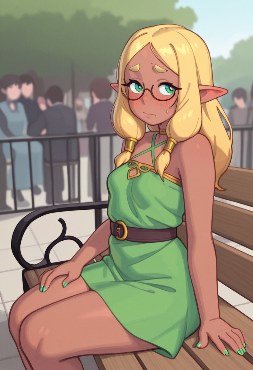 rizdraws, possmach, elf, public, sitting on a bench, dark skin, glasses, blushing, looking at viewer, looking to her side, cute dress, painted nails, nervous, blonde hair,