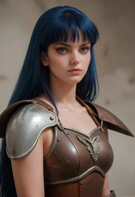 score_9, score_8_up, score_7_up, realistic, ladykayura, kayura, ronin warriors, solo, 1girl, retro, blue hair, 1980s (style), bangs, long hair, blue eyes, portrait, makeup, armor, shoulder armor, gloves, swords
