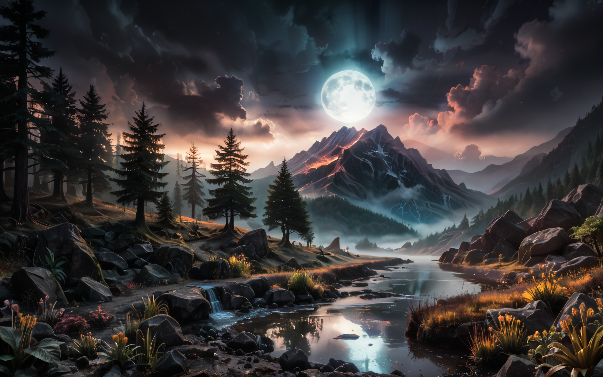 wide scenic view over vast outer planet mountainside in other dimension,, giant rocks, (strange multicolored plants:1.36), (strangely shaped plants:1.22), otherworldly flowering, small rocky creek, neon water reflections, no humans, ((full moon:1.16), bright moonlight, moon rays, dappled shadows, clouds, mist, eerie atmosphere, long shadows:1.23) <lora:sdxl\add-detail-xl.safetensors:0.9400000000000001:0.32> <lora:sdxl\incase_style_v3-1_ponyxl_ilff.safetensors:0.88:0.25> <lora:sdxl\pony-realism-22-nsfw-photo.safetensors:0.86:0.25>p1,s4,,