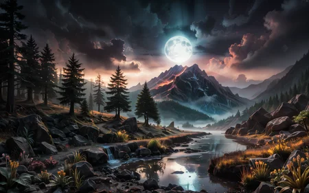 wide scenic view over vast outer planet mountainside in other dimension,, giant rocks, (strange multicolored plants:1.36), (strangely shaped plants:1.22), otherworldly flowering, small rocky creek, neon water reflections, no humans, ((full moon:1.16), bright moonlight, moon rays, dappled shadows, clouds, mist, eerie atmosphere, long shadows:1.23) <lora:sdxl\add-detail-xl.safetensors:0.9400000000000001:0.32> <lora:sdxl\incase_style_v3-1_ponyxl_ilff.safetensors:0.88:0.25> <lora:sdxl\pony-realism-22-nsfw-photo.safetensors:0.86:0.25>p1,s4,,