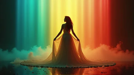 Hyperrealistic photograph of a silhouetted female figure, backlit by a vibrant rainbow spectrum. Vertical bands of light transition smoothly from deep teal, through vivid greens, warm yellows, rich oranges, to intense reds. Figure stands centrally, arms slightly outstretched, draped in flowing, gossamer-like fabric. Hair and dress edges blend seamlessly into the light, creating an ethereal glow. Lower half of the image filled with billowing mist, reflecting the colored light. Ground appears wet, mirroring the spectrum above. Sharp contrast between the dark silhouette and the brilliant background. Cinematic quality lighting, emphasis on color saturation and light diffusion. Ultra-high resolution capture of light interacting with fabric and mist particles.