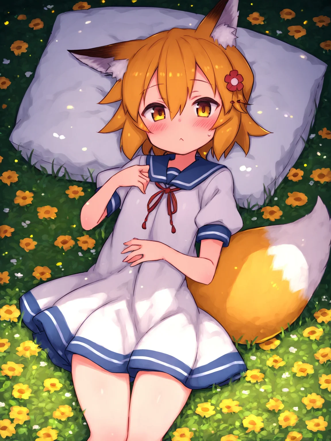 score_8_up, score_7_up, score_6_up, best quality, masterpiece, source_anime, lying, in a field of flowers, white dress, yellow flower, looking at viewer, daisy, by aaaa \(quad-a\),
BREAK
sen, blonde hair, animal ears, fox ears, blush, animal ear fluff, hair ornament, fox girl, hair flower, hair between eyes, short hair, fox tail, tail, flat chest, yellow eyes, young girl
<lora:senko_ponyxl_v2:1>