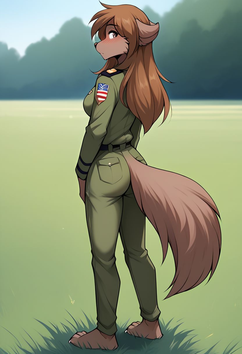 score_9, score_8_up, score_7_up, score_6_up, score_5_up, score_4_up, rating_explicit, source_furry, tknanie, brown fur, brown hair, mammal, brown eyes, anthro, 1girl, female, medium breasts, solo, solo focus, full body, standing on two legs, fluffy tail, dressed in army uniform, sexy ass in pants, blush, long hair, in the field, shy expression, field, detailed backgroud, back side, ass view