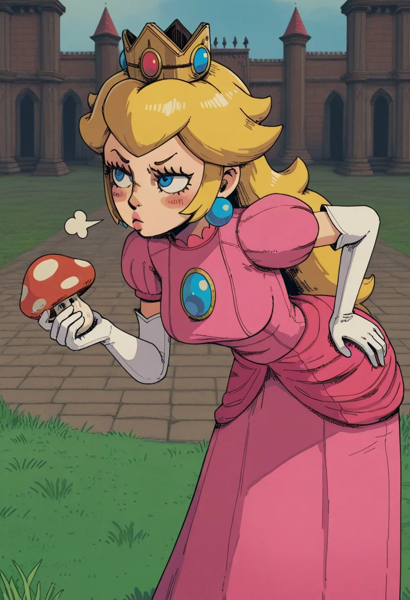 10P3Zstyle, masterpiece, best quality, solo, princess peach, pink dress, small blue eyes, crown, leaning forward, hand on hip, pouting, holding a mushroom, palace kingdom background, grass,
