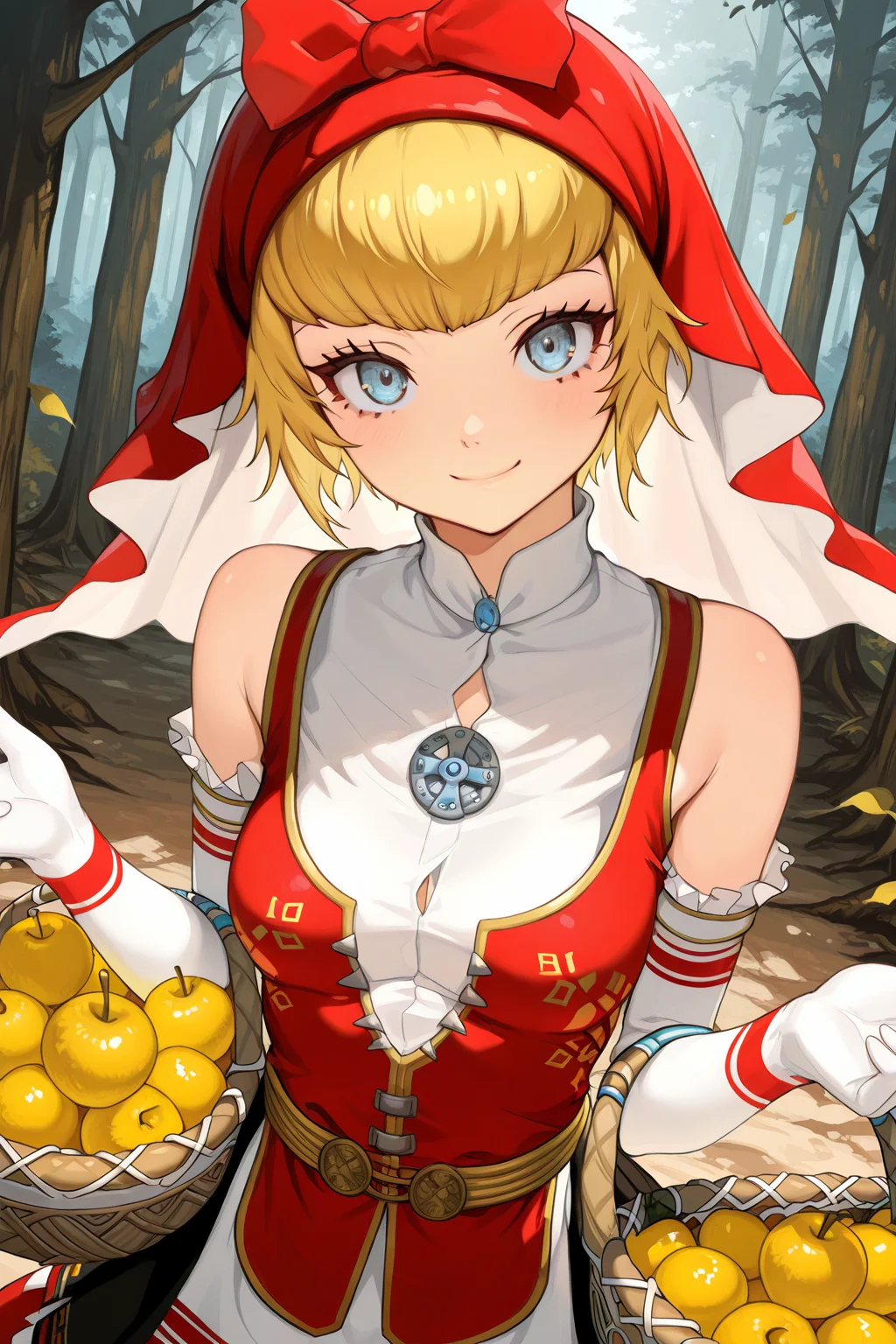 1girl,
IdunnShinMegamiTensei,
general, solo, perspective, dutch angle, upper body,
short hair, blonde hair, detailed eyes,
red hood, elbow gloves, 
skirt,
looking at viewer, smile, holding,
forest, fantasy, fruit, basket,
<lora:kp_IdunnShinMegamiTenseiIllustrious_v1_0:1.0>,
masterpiece, best quality, amazing quality
