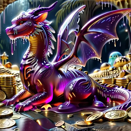 1dragon, highly detailed deep purple dragon, deep purple dragon made out of slime, scaly deep purple slime dragon, slime dragon with red eyes, deep purple slime dragon laying in its hoard, blue slime dragon with wings, dragon wings, detailed claws, detailed feet, detailed tail,
multi-colored gems made out of slime, in a room of treasure made out of slime, gold coins and bars made out of slime, piles of coins, piles of gold slime coins, piles of gold slime, tiny gold slime coins, 
treasure-room, treasure, gemstone, coins, gold bars, gold pile, 
everything made of slime, No simple background,
((translucent slime)), ((transparent slime)), (bioluminescent slime), sl1m3, slime, ais-blmn, watce, je11y, thickwater, great lighting, ral-lava, even lighting, no bright spots, saturated colors,