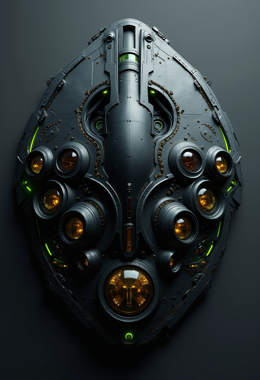 YFG-Rounded A stealth cargo spaceship shaped like a flattened disc, surfaces painted in matte black, edges lined with ring-like sensor arrays emitting faint green pulses.