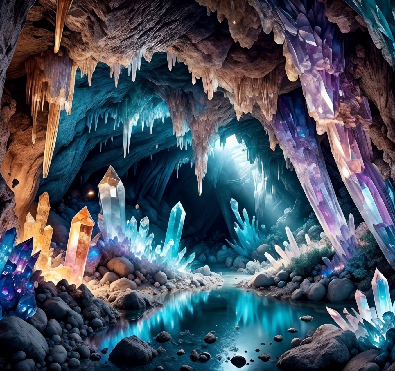 RAW photo, (masterpiece:1.3), subsurface scattering, heavy shadow, (high quality:1.4), (intricate, high detail:1.2), professional photography, HDR, High Dynamic Range, realistic, ultra realistic, photorealistic, high resolution, film photography, ambient lighting, atmospheric effects, <lora:detail_slider_v4:2>, OverallDetail, <lora:CrystalCaves:1>, cave, cryca, crystal, forest, gem, nature, no humans, outdoors, reflection, rock, scenery, water