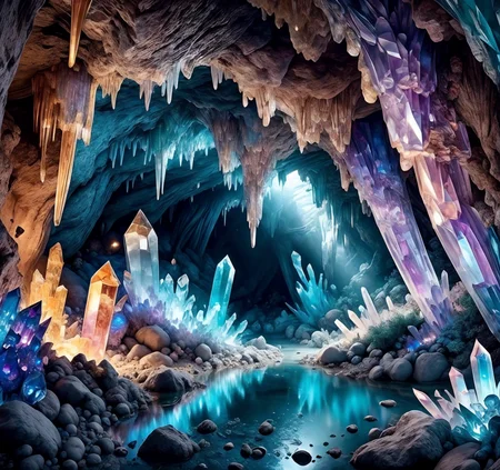 RAW photo, (masterpiece:1.3), subsurface scattering, heavy shadow, (high quality:1.4), (intricate, high detail:1.2), professional photography, HDR, High Dynamic Range, realistic, ultra realistic, photorealistic, high resolution, film photography, ambient lighting, atmospheric effects, <lora:detail_slider_v4:2>, OverallDetail, <lora:CrystalCaves:1>, cave, cryca, crystal, forest, gem, nature, no humans, outdoors, reflection, rock, scenery, water