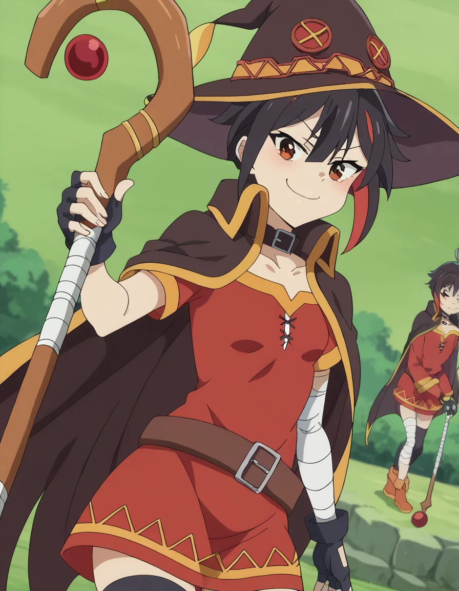 score_9, score_8_up, score_7_up, source_anime, <lora:maou2099-takahashi-s1-ponyxl-lora-nochekaiser:1>, maou2099 takahashi, short hair, black hair, brown eyes, ahoge, red hair, multicolored hair, streaked hair, mature female, small breasts, anime screencap,, <lora:megumin-cosplay-ponyxl-lora-nochekaiser:1>, megumin cosplay, megumin (cosplay), thighhighs, gloves, hat, dress, black gloves, belt, black thighhighs, fingerless gloves, cape, collar, witch hat, bandages, red dress, single thighhigh, asymmetrical legwear, bandaged leg,, staff, holding staff, smug, outdoors, looking at viewer, cowboy shot,, , dutch angle, cowboy shot