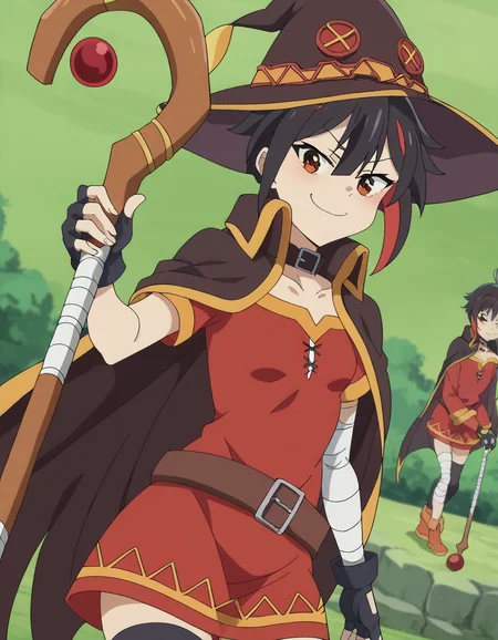 score_9, score_8_up, score_7_up, source_anime, <lora:maou2099-takahashi-s1-ponyxl-lora-nochekaiser:1>, maou2099 takahashi, short hair, black hair, brown eyes, ahoge, red hair, multicolored hair, streaked hair, mature female, small breasts, anime screencap,, <lora:megumin-cosplay-ponyxl-lora-nochekaiser:1>, megumin cosplay, megumin (cosplay), thighhighs, gloves, hat, dress, black gloves, belt, black thighhighs, fingerless gloves, cape, collar, witch hat, bandages, red dress, single thighhigh, asymmetrical legwear, bandaged leg,, staff, holding staff, smug, outdoors, looking at viewer, cowboy shot,, , dutch angle, cowboy shot