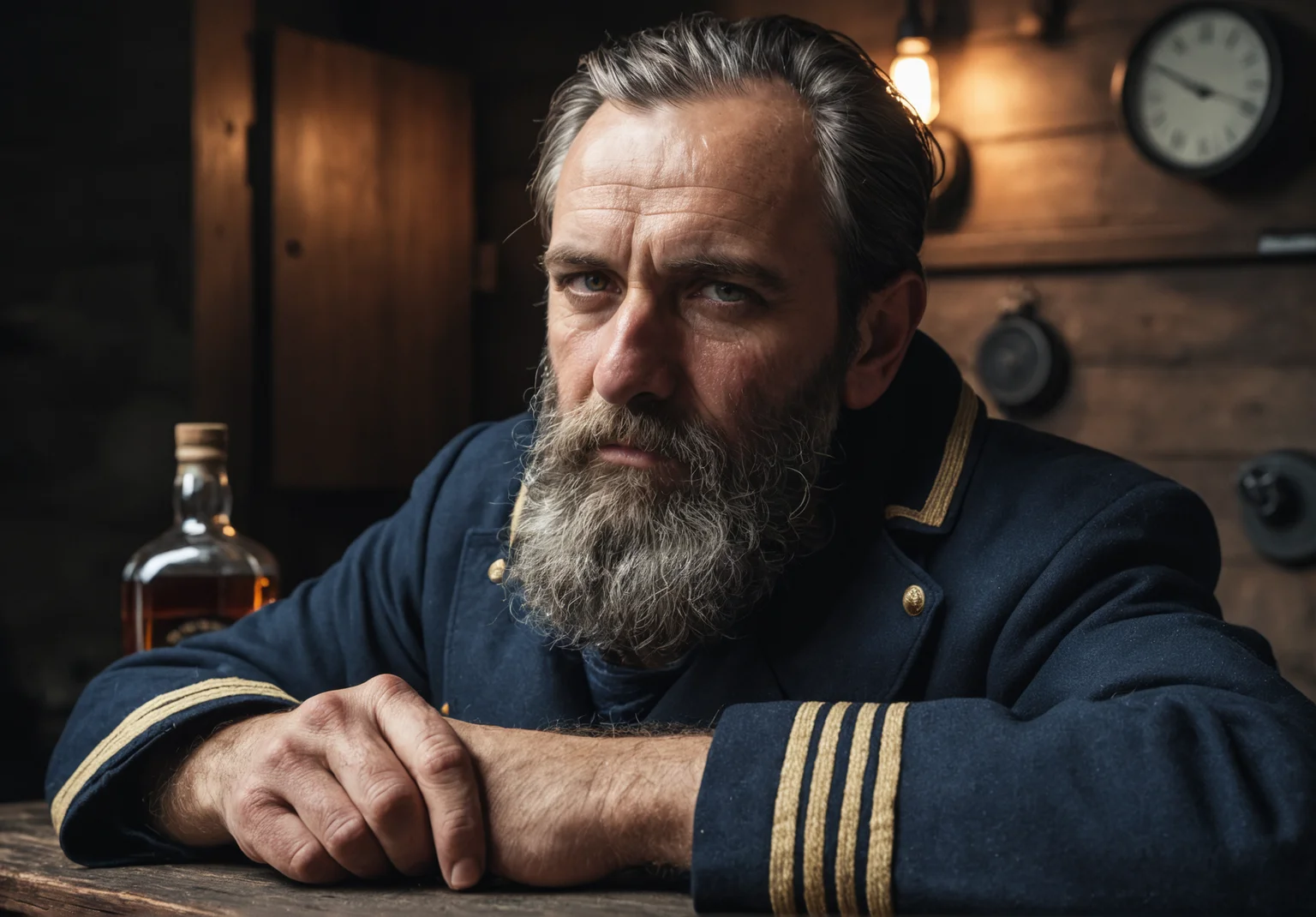 score_9, score_8_up, score_7_up, solo, photo \(medium\), Rugged scruffy weathered old sailor, a portrait of a seaman with a rugged, ships captain, thick beard, capturing a slightly befuddled expression, he is sitting at the table next to him there is a bottle of whiskey, focus is on his facial expressions and the subtle details like the texture of his long beard and the glint in his eyes, weathered skin, subtle skin blemish, tired eyes, bags under eyes, slight wrinkles, cozy, old, moody cinematic atmosphere, soft cinematic light, RAW photo, detailed photograph,8K,extreme photography,masterpiece,trending,pulls the viewer in,expert use of shading gives a 3d effect,(photorealistic:1.6),film grain,photographed on a Sony A7R IV,18mm F/1.7 cine lens,(highly detailed, intricately detailed),HDR,. shallow depth of field,vignette,highly detailed,vivid contrast and color,Hyperrealistic art cinematic film still photography in the style of detailed hyperrealism photoshoot,Ultra-HD-details, shallow depth of field, vignette, highly detailed, high budget, cinemascope, moody, epic, gorgeous, film grain, grainy <lora:add-detail-xl:0.8> midjourneyv6.1, casting shadow style, cucoloris patterned illumination