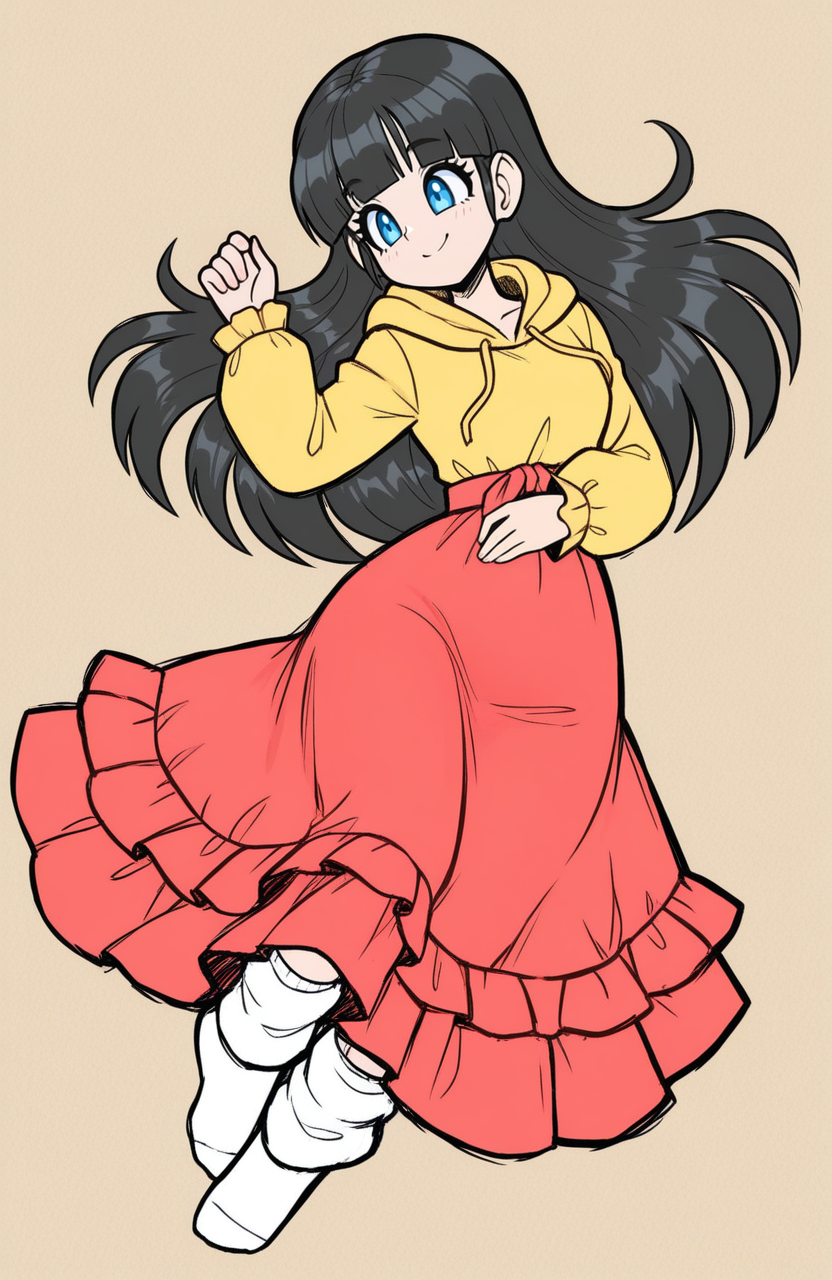 1girl, solo, traditional media, sketch, hatching \(texture\), 
<lora:Aili-DQX:0.6> aili \(dqx\), blue eyes, black hair, blunt bangs, long hair, yellow hooded sweater, thumb hole sleeves, long sleeves, red dress, layered dress, red loose socks, no shoes, lying, relaxed and open, soft eyes, smile, tender sentiment,
 <lora:JamoART_v4:1> jamoart, extremely detailed, highres, masterpiece, best quality