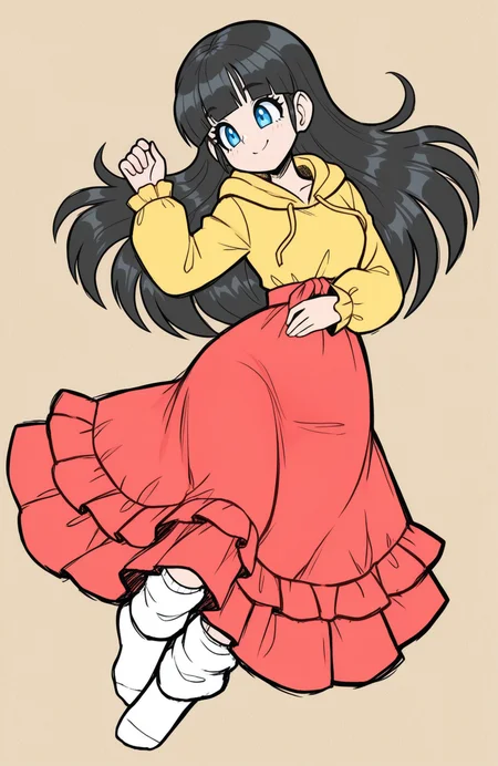 1girl, solo, traditional media, sketch, hatching \(texture\), 
<lora:Aili-DQX:0.6> aili \(dqx\), blue eyes, black hair, blunt bangs, long hair, yellow hooded sweater, thumb hole sleeves, long sleeves, red dress, layered dress, red loose socks, no shoes, lying, relaxed and open, soft eyes, smile, tender sentiment,
 <lora:JamoART_v4:1> jamoart, extremely detailed, highres, masterpiece, best quality