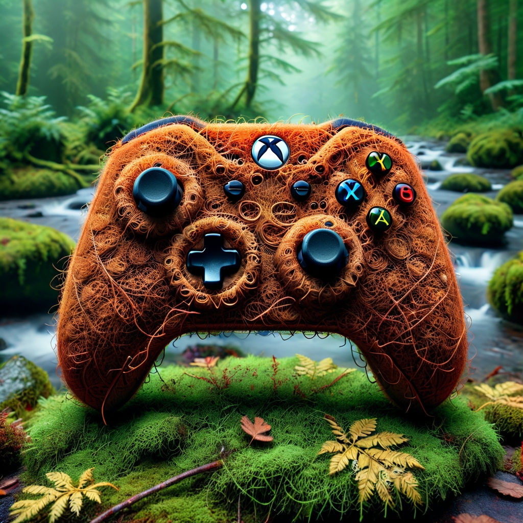 front view,photoshot of a pamcocomat xbox controller lying on moss,fog forest background,full depth of field and realistic textures,highly detailed,masterpiece,high quality, vibrant colors,cinematic,masterpiece,intricate,hdr,abstract, fractal, ultrarealistic,8K Ultra HD,neon_outlines,ral-anmwrlds
