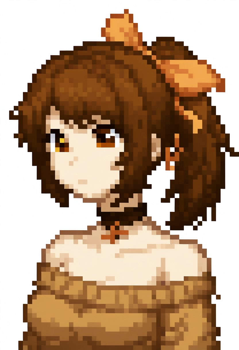pixel, simple background, white background, 1girl, (solo:1.2), medium breasts, brown hair, ponytail, upper body, hair ribbon, choker, sweater, bare shoulders