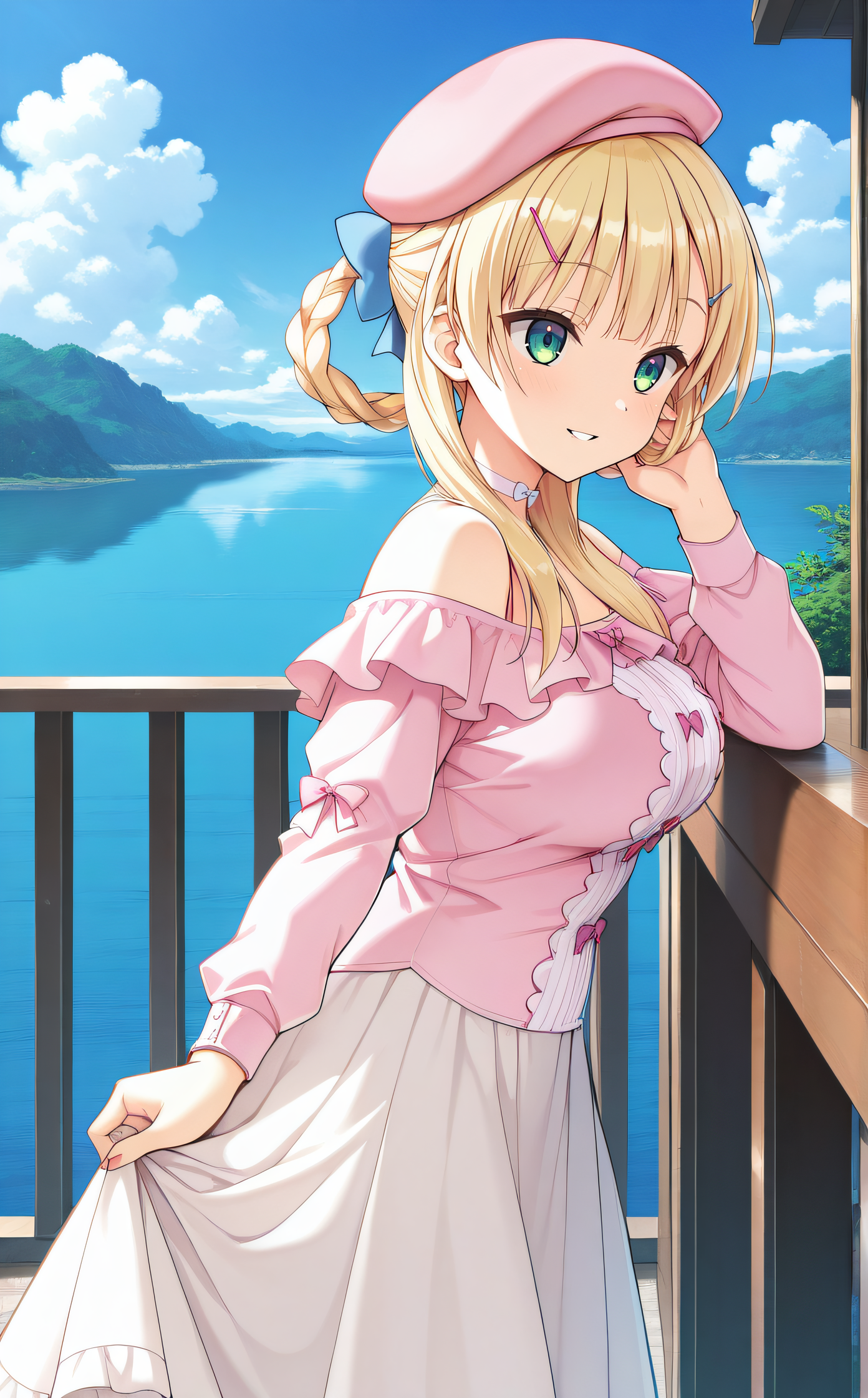 masterpiece, best quality, highres, scenery, newest, 1girl, solo, official style, <lora:IL_Sylvia_le_Cruzcrown:1>, sylvia, blonde hair, green eyes, hairclip, braided hair loops, hair rings, sidelocks, blue_hair_bow, large breasts, white choker, pink beret, off shoulders, frilled pink shirt, burgundy bows on shirt, long sleeves, white long skirt, from side, outdoor, blue sky, clouds, one hand on hair, parted lips, smile