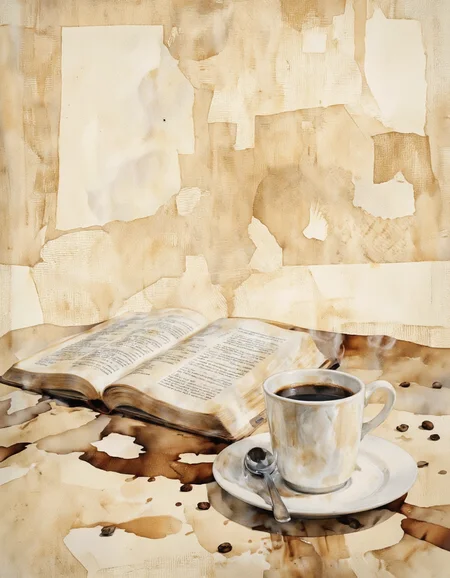 Inkquaria. A digital illustration shoot from a top-down perspective about a cozy scene featuring an open book and a cup of coffee on a table with a beige, textured background. the image also shows a warm, inviting atmosphere. on the right side of the image, a white teacup and saucer are placed on a wooden table, with the open book lying on its side. the cup is filled with a steaming cup of black coffee, and steam is rising from the cup, creating a sense of warmth and relaxation. the background is a textured, beige-colored paper with visible coffee stains, giving the image a warm and cozy feel. the table is also adorned with scattered coffee beans, adding to the cozy ambiance. the overall color palette is warm and inviting, with a focus on the textures of the paper and the coffee, making the image feel inviting and cozy.