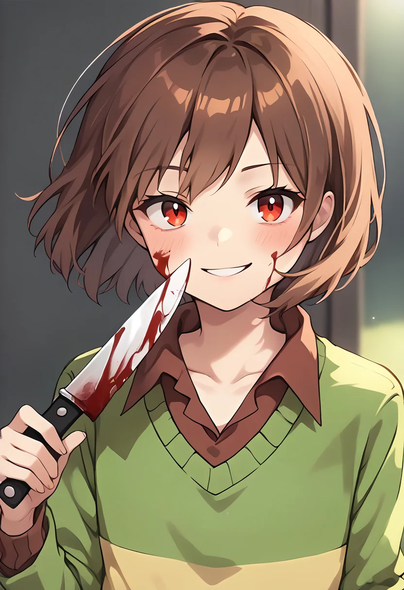score_9, score_8_up, score_7_up, source_anime , <lora:Chara pony:0.9>, chara, 1girl, smile, red eyes, brown hair, striped, solo, shirt, striped sweater, blood on face, knife, sweater, upper body, blood, short hair, looking at viewer, collared shirt, striped shirt, blood on knife, long sleeves, blush, collarbone, holding