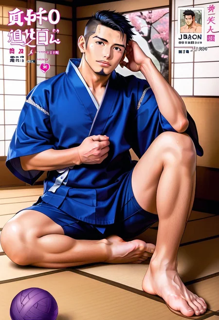 safe_pos, (Aaaild, Aaadjd, manga cover, cover page, magazine cover, text:1.3) source_anime, safe_pos, perfect anatomy, perfect proportions, best quality, masterpiece, high_resolution, high quality, (solo focus, male focus, male only, bara, gay, homo, mature, masculine, manly, virile, macho, hunky, rugged, middle-age, daddy, dilf, handsome), alluring, seductive, heroic, serious, grim, stern, unsociability, bluntness, gruffness, naughty face, moaning, dazed, looking at viewer, BREAK (asian man, japanese male, dark eyes, black hair, sideburns, unkept facial hair, stubble, chinstrap beard, jawline beard, buzzcut), BREAK (blue clothes, japanese clothes, closed jinbei, Hannekenjinbei, jinbei, blue jinbei, short sleeves, side-knot closure clothing, yarn knitting on sleeves, jinbei shorts, blue shorts, knee-length shorts, wide shorts:1.5), barefoot, bare neck, collarbone, BREAK sitting on wooden floor, lying on back, relaxed pose, leaning slightly, one knee bent upward, legs spread, hand supporting head, contemplative expression, horny, kinky, domination, heavy breathing, enticed, shading, countershading, bright atmosphere, japanese architecture, nature, sunlight, wooden floor, indoors, inside log cabin, irori \(japanese fireplace\), washitsu \(japanese-style room\), garden, engawa \(japanese architecture\)