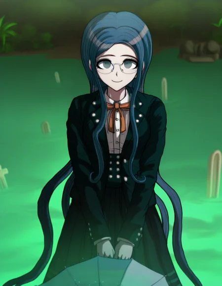 masterpiece, best quality, <lora:Tsumugi_Shirogane_Illustrious:1>, In the art style of Rui Komatsuzaki, artist: Rui Komatsuzaki, This anime screencap is from Danganronpa the Animation. . Tsumugi Shirogane wearing her uniform from Danganronpa V3. Tsumugi Shirogane has knee-length dark teal-blue hair parted in the center which is straight and smooth at the base and gradually splits into waves near the tips. Her eyes are large, round, and are a soft teal-green color. Tsumugi wears round, rimless glasses with white temples. Tsumugi's Danganronpa V3 school uniform consists of a white blouse with an orange bow tied at her collar underneath a two-button, pocketed, teal-black school blazer adorned with two silver buttons on each lapel and a single button on each gorge. She wears a knee-length teal-black pleated skirt with two dark teal stripes lining the hem. Her legwear consists of dark navy knee-length socks and teal-gray loafers. On a Halloween-themed Jabberwock Island, Tsumugi Shirogane relaxes under a blue and white striped umbrella adorned with fake spiders. The palm trees are draped with orange fairy lights, and a spooky fog rolls in from the ocean. A small graveyard prop set occupies the foreground, complete with plastic tombstones and skeleton decorations.