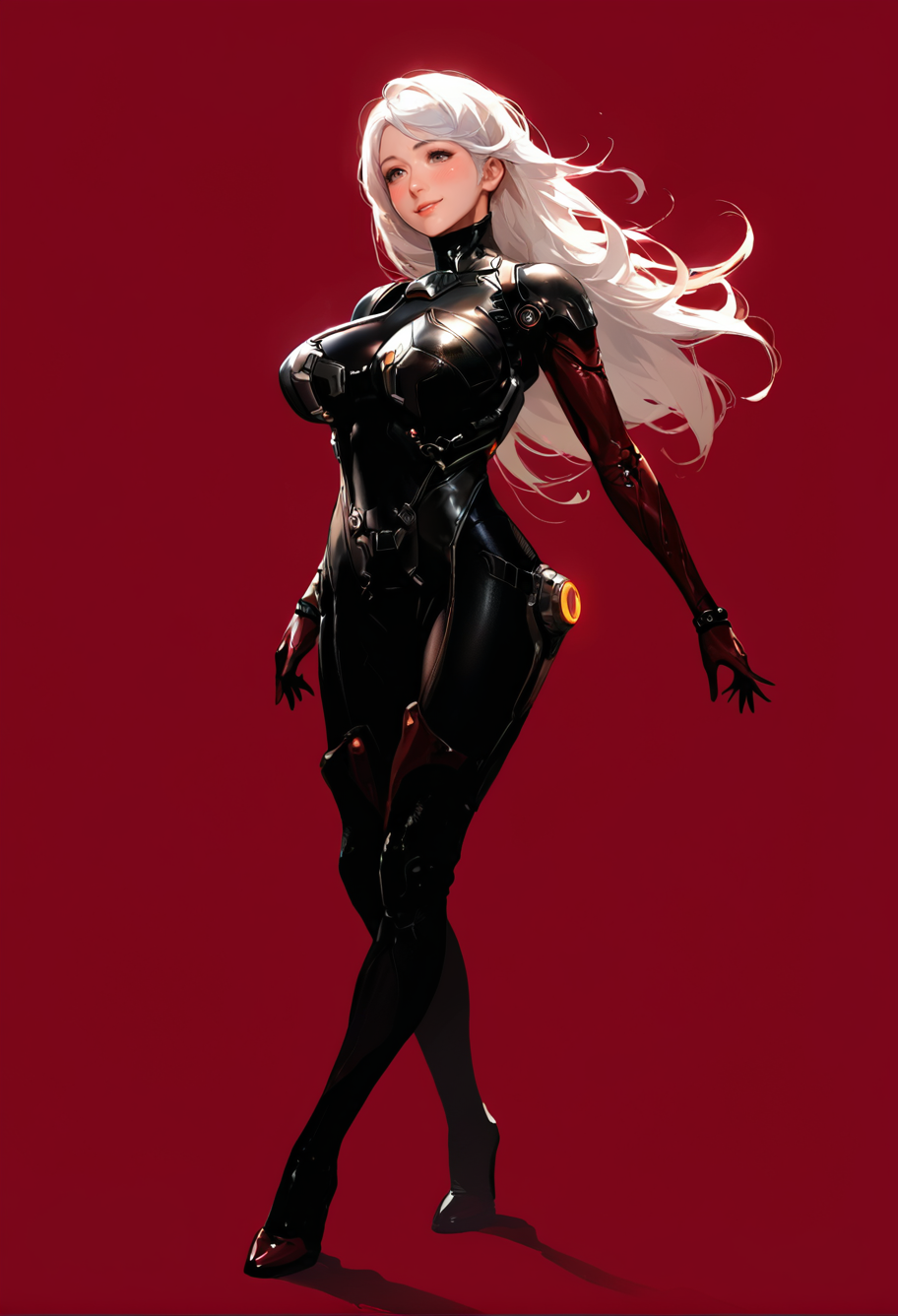 1girl,solo,red background,,ruanyi0868,bodysuit,science fiction,skin tight,
cuteg,white hair,long hair,high heels,standing,<lora:0868 Arasaka Agent suit_v1_pony:1>, score_9, score_8_up, score_7_up, score_6_up, score_9, score_8_up, score_7_up, score_6_up source_anime, blush, 1girl, seduce smile, perfect body , natural huge breasts