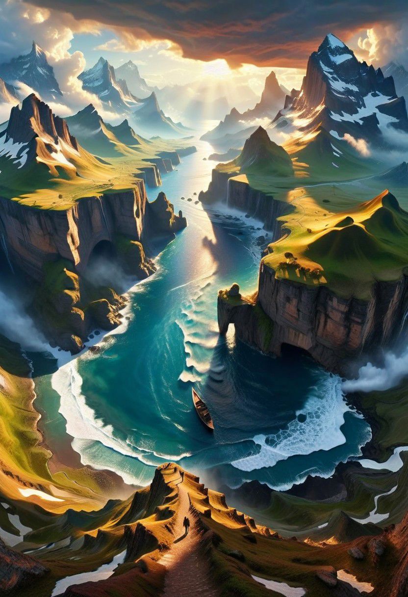 Captivating scene of surreal beauty and epic proportions, where reality blends with imagination, transports you to a world where the ordinary meets the extraordinary, inviting you to explore the depths of magic realism and venture into realms where dreams become reality. From majestic landscape to intricate details, these images captivate the senses and ignite the imagination, offering glimpses into fantastical world beyond imagination,tiny silhouettes from people showing how epic the scene is,   By Hans-Werner Sahm and Marc Adamus. 64K, UHD, HDR, octane render, depth by atmosphere, vivid color palette., depth by atmosphere, dynamic lighting.