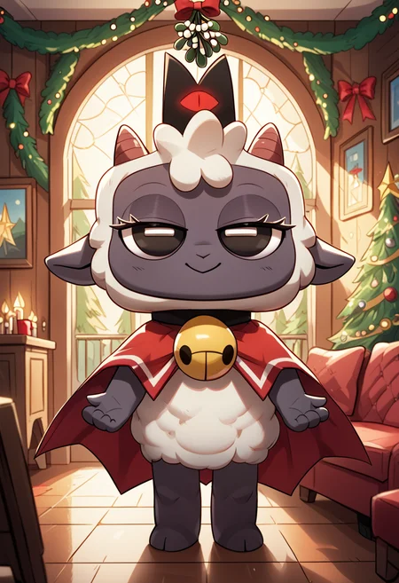 score_9, score_8_up, score_8, <lora:Lamb_Cult_of_The_Lamb_for_PonyXL:0.8> furry, l4mb, lamb, horns, neck bell, cape, indoors, living room, party, half-lidded eyes, mistletoe, solo,