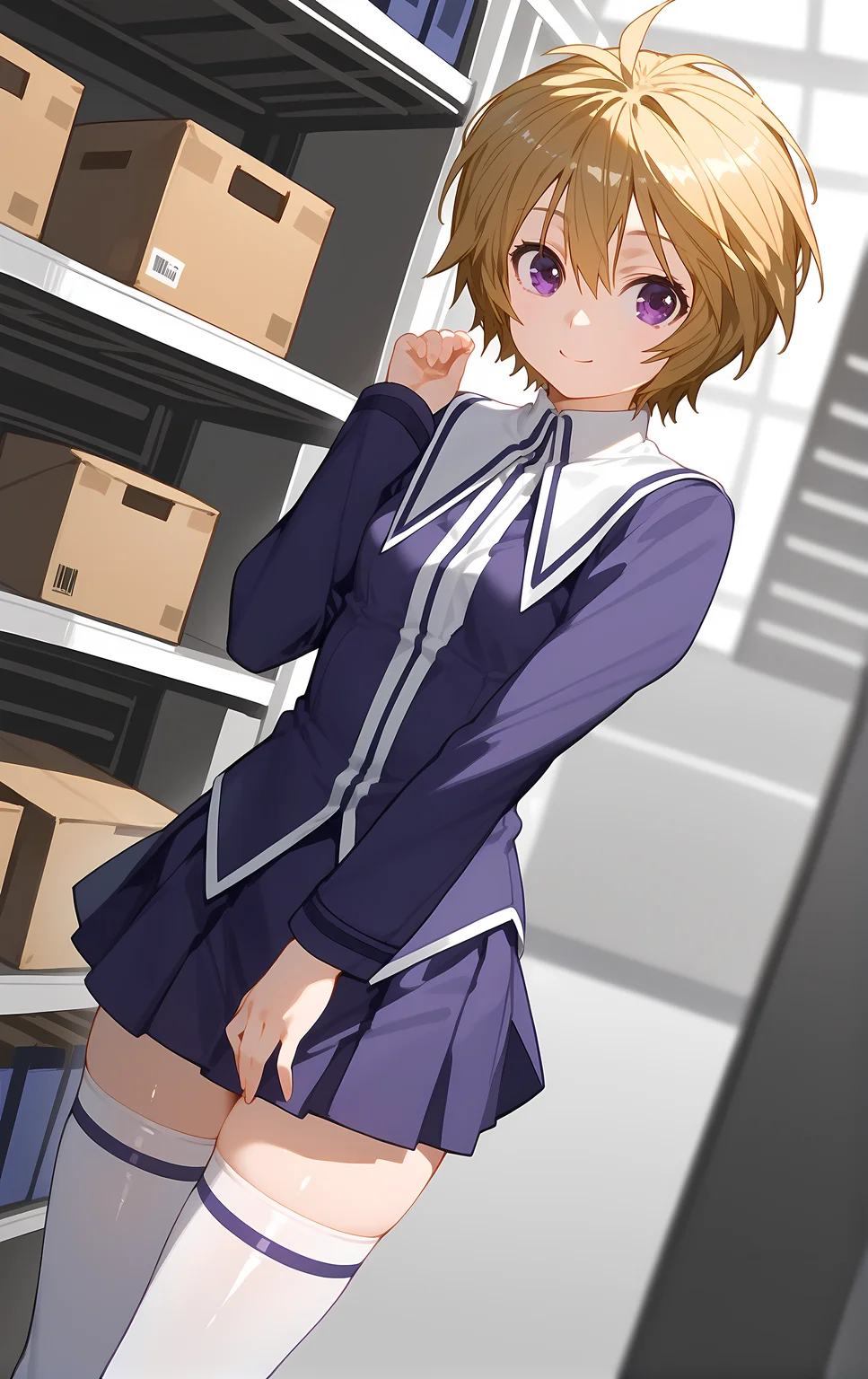 (score_9, score_8_up, score_7_up), looking at viewer, light smile, closed mouth, shiny skin, tight clothes,
ohwx, 1girl, solo, solo_focus, small_breasts, short_hair, purple_eyes, blonde_hair,
white_thighhighs, thighhighs, school_uniform, skirt, boots, zettai_ryouiki,
blurry, cowboy shot, dutch angle, warehouse, box, against shelf, (arms down:1.1),
<lora:kuno_pony_ss-000002:1>