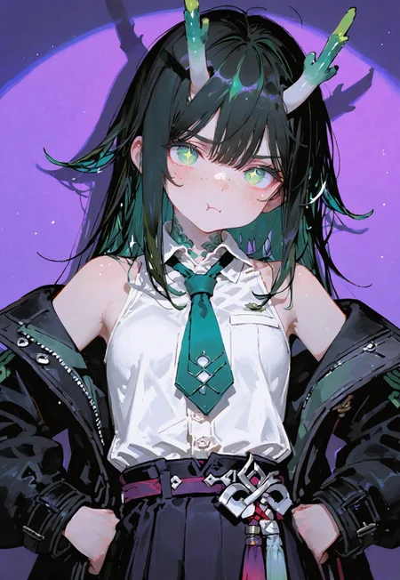 looking at viewer,bust shot, hands on hips,huff, irritated,pout,

1 girl,petite,loose unruly messy hair,messy bangs,black hair,green accents hair,fair skin,dragon horns,green eyes, sparkling eyes,freckles

Large Black coat with green accent,coat hanging sleeves,white sleeveless buttoned shirt tucked in,green tie, exposed shoulder

Color background, bright purple background,shadow, light from front,glimmer, scales design, sparkling, spotlight

Cunnystyle,748cmstyle,Smooth_Quality,masterpiece,best quality,amazing quality, aesthetic,bright colors,bold lines