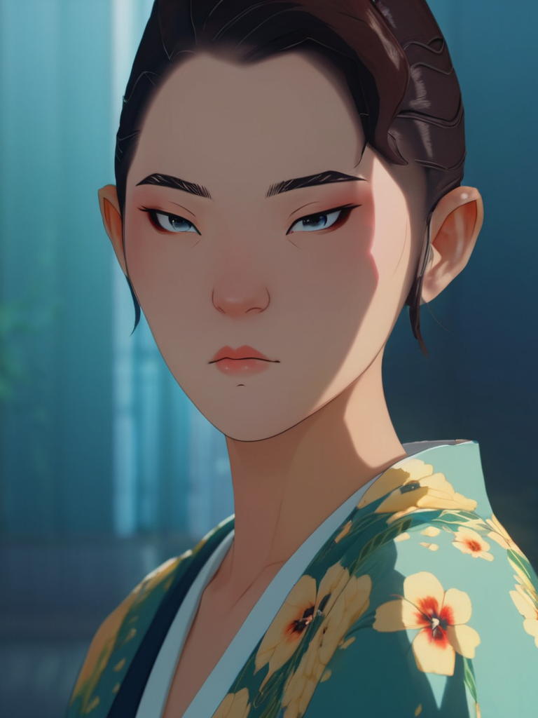 A stunning intricate full color portrait of  Mizu,wearing a floral dress, epic character composition,by ilya kuvshinov, alessio albi, nina masic,sharp focus, natural lighting, subsurface scattering, f2, 35mm, film grain  <lora:BlueEyeSamurai:1>